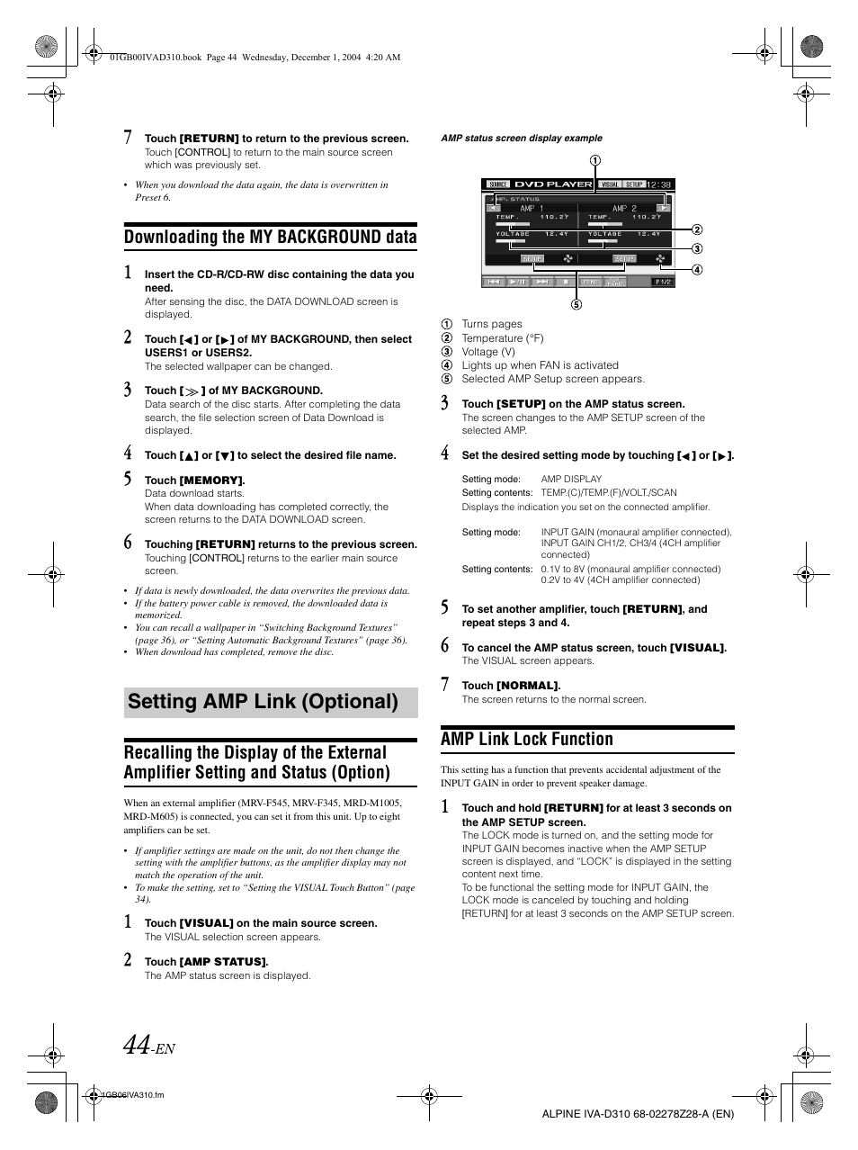 Setting amp link (optional), Downloading the my background data, Amp link lock function | Alpine IVA-D310 User Manual | Page 46 / 253