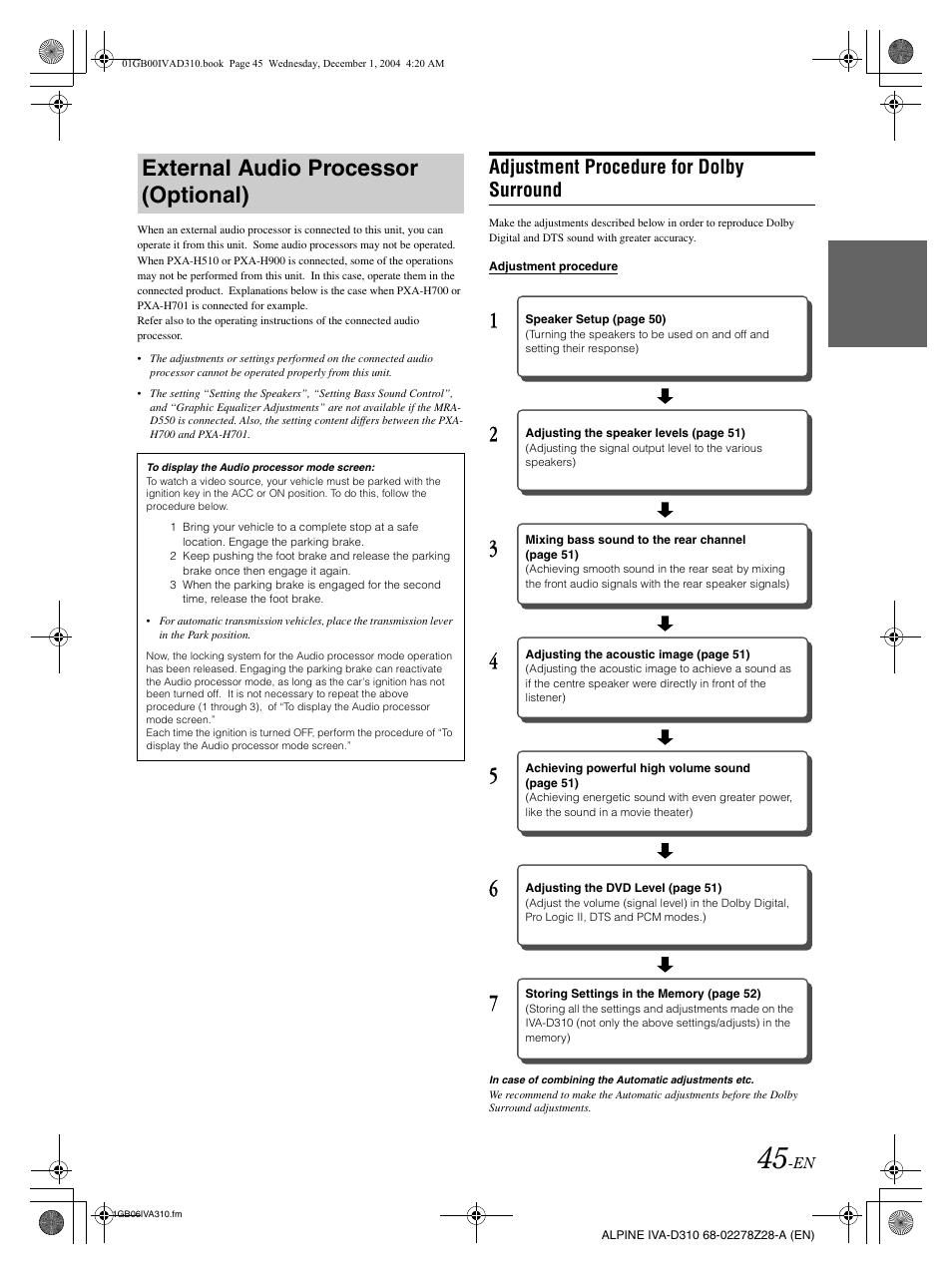 External audio processor (optional), Adjustment procedure for dolby surround | Alpine IVA-D310 User Manual | Page 47 / 253