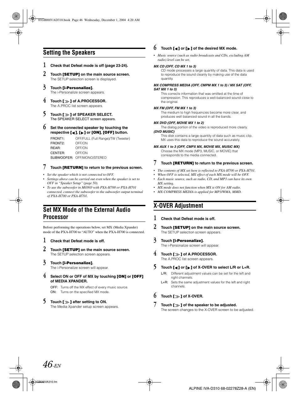 Setting the speakers, Set mx mode of the external audio processor, X-over adjustment | Alpine IVA-D310 User Manual | Page 48 / 253