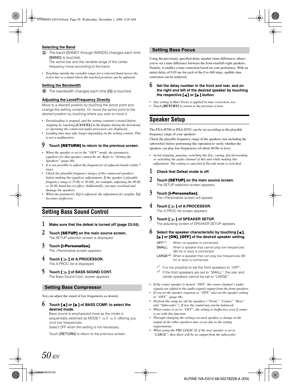 Setting bass sound control, Speaker setup | Alpine IVA-D310 User Manual | Page 52 / 253