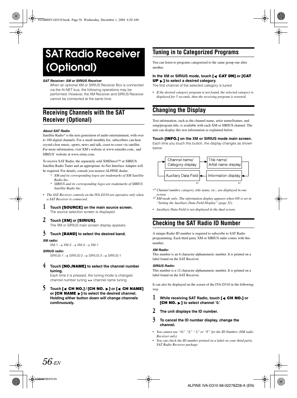 Sat radio receiver (optional), Tuning in to categorized programs, Changing the display | Checking the sat radio id number | Alpine IVA-D310 User Manual | Page 58 / 253