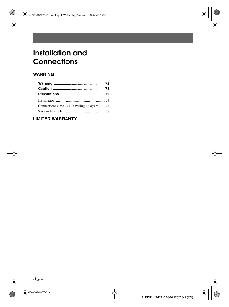 Installation and connections | Alpine IVA-D310 User Manual | Page 6 / 253