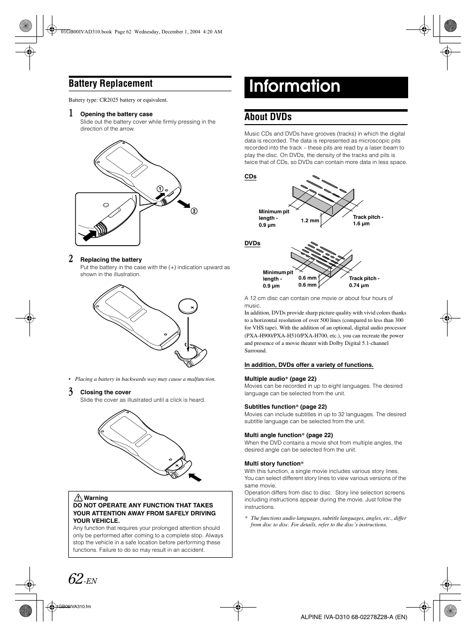 Information, Battery replacement, About dvds | Alpine IVA-D310 User Manual | Page 64 / 253