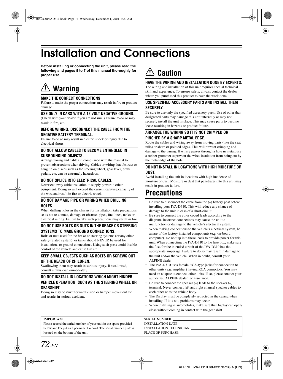 Installation and connections, Warning, Caution | Precautions | Alpine IVA-D310 User Manual | Page 74 / 253