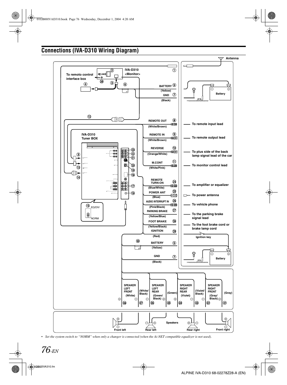 Connections (iva-d310 wiring diagram) | Alpine IVA-D310 User Manual | Page 78 / 253