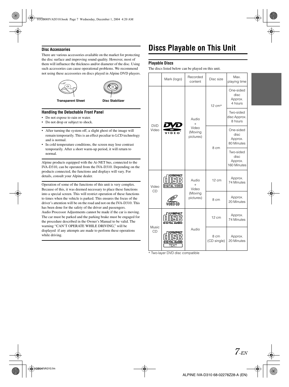 Discs playable on this unit | Alpine IVA-D310 User Manual | Page 9 / 253