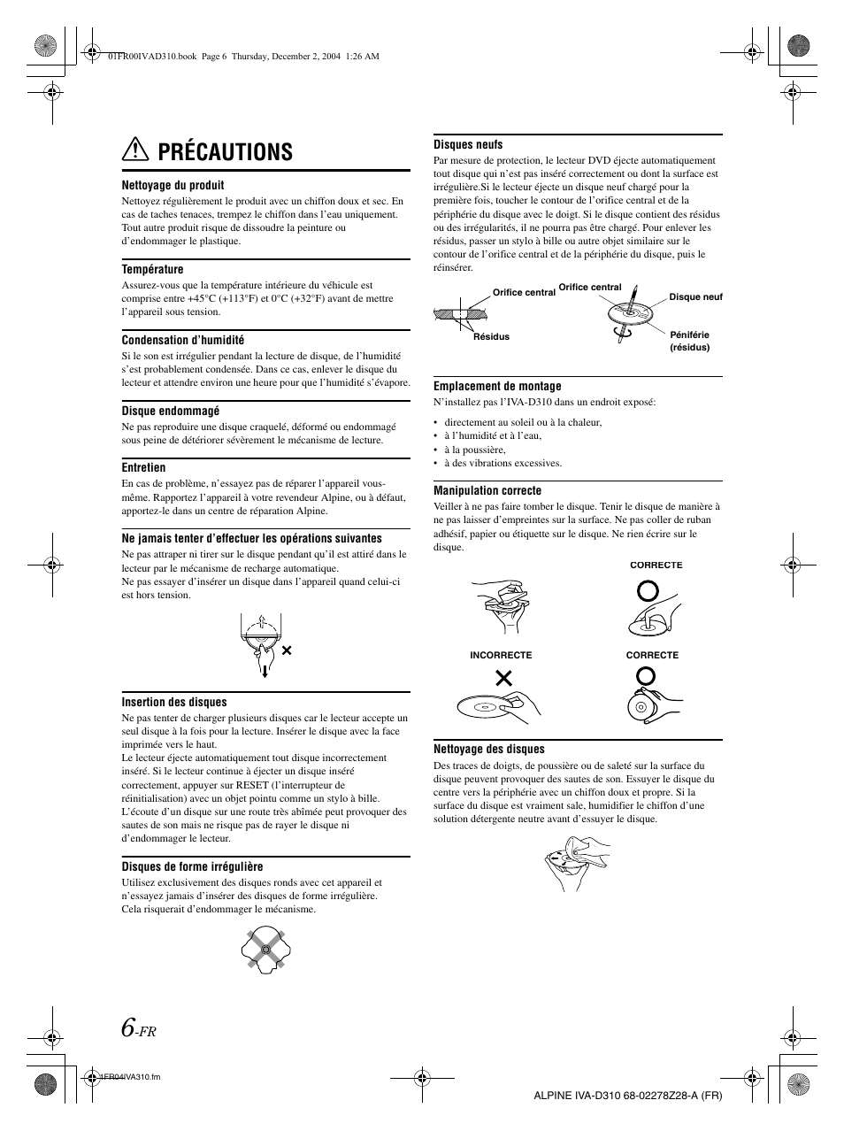 Précautions | Alpine IVA-D310 User Manual | Page 90 / 253