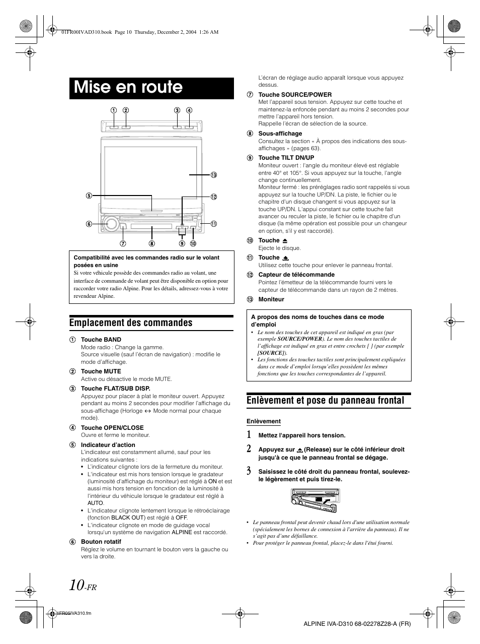 Mise en route, Emplacement des commandes, Enlèvement et pose du panneau frontal | Alpine IVA-D310 User Manual | Page 94 / 253