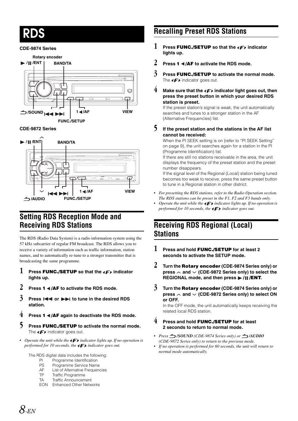 Recalling preset rds stations, Receiving rds regional (local) stations, Setting rds reception mode and receiving | Rds stations | Alpine CDE-9872RE User Manual | Page 10 / 31