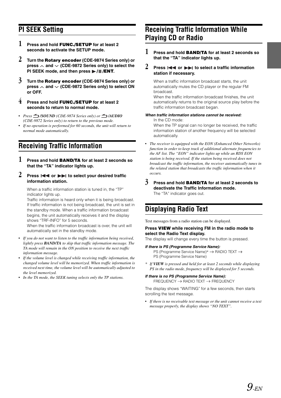 Pi seek setting, Receiving traffic information, Displaying radio text | Receiving traffic information while playing, Cd or radio | Alpine CDE-9872RE User Manual | Page 11 / 31