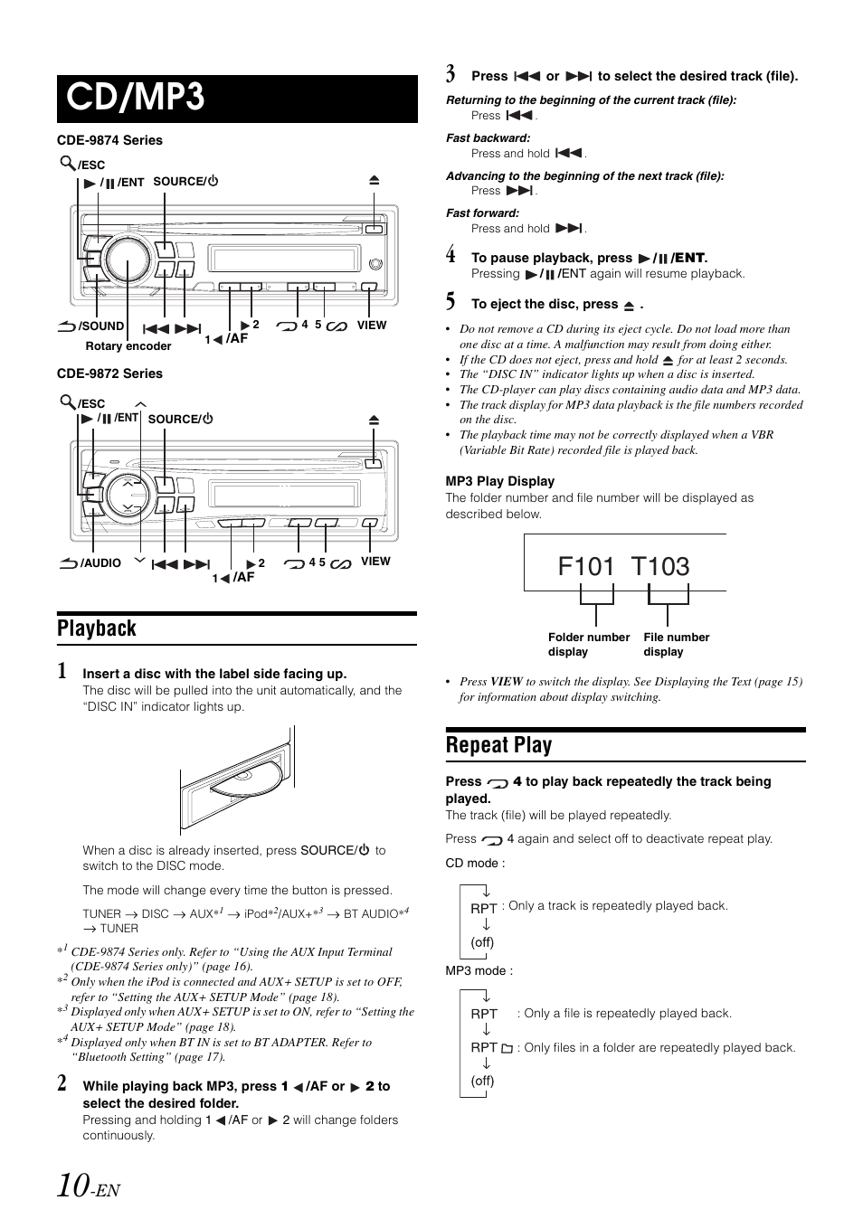 Cd/mp3, Playback, Repeat play | Alpine CDE-9872RE User Manual | Page 12 / 31