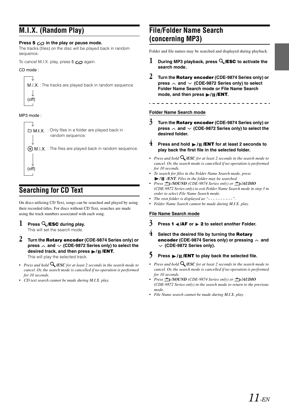 M.i.x. (random play), Searching for cd text, File/folder name search (concerning mp3) | File/folder name search, Concerning mp3) | Alpine CDE-9872RE User Manual | Page 13 / 31