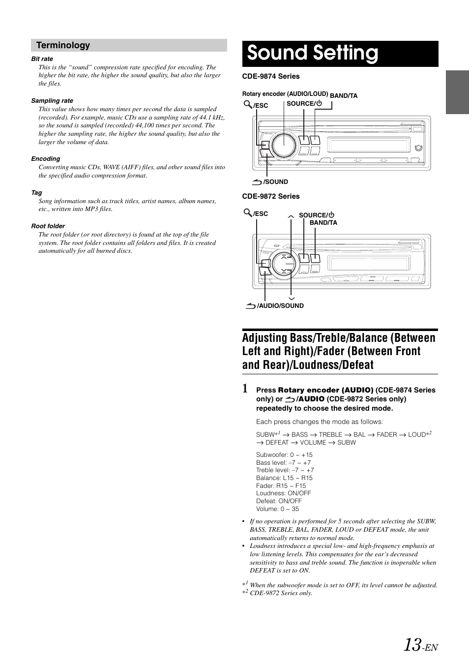 Sound setting, Adjusting bass/treble/balance (between left, Terminology | Alpine CDE-9872RE User Manual | Page 15 / 31