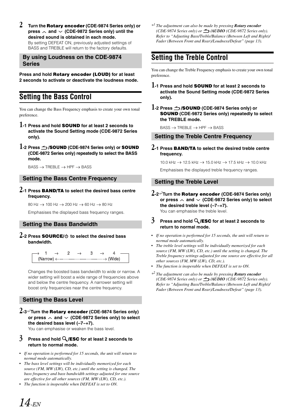 Setting the bass control, Setting the treble control | Alpine CDE-9872RE User Manual | Page 16 / 31