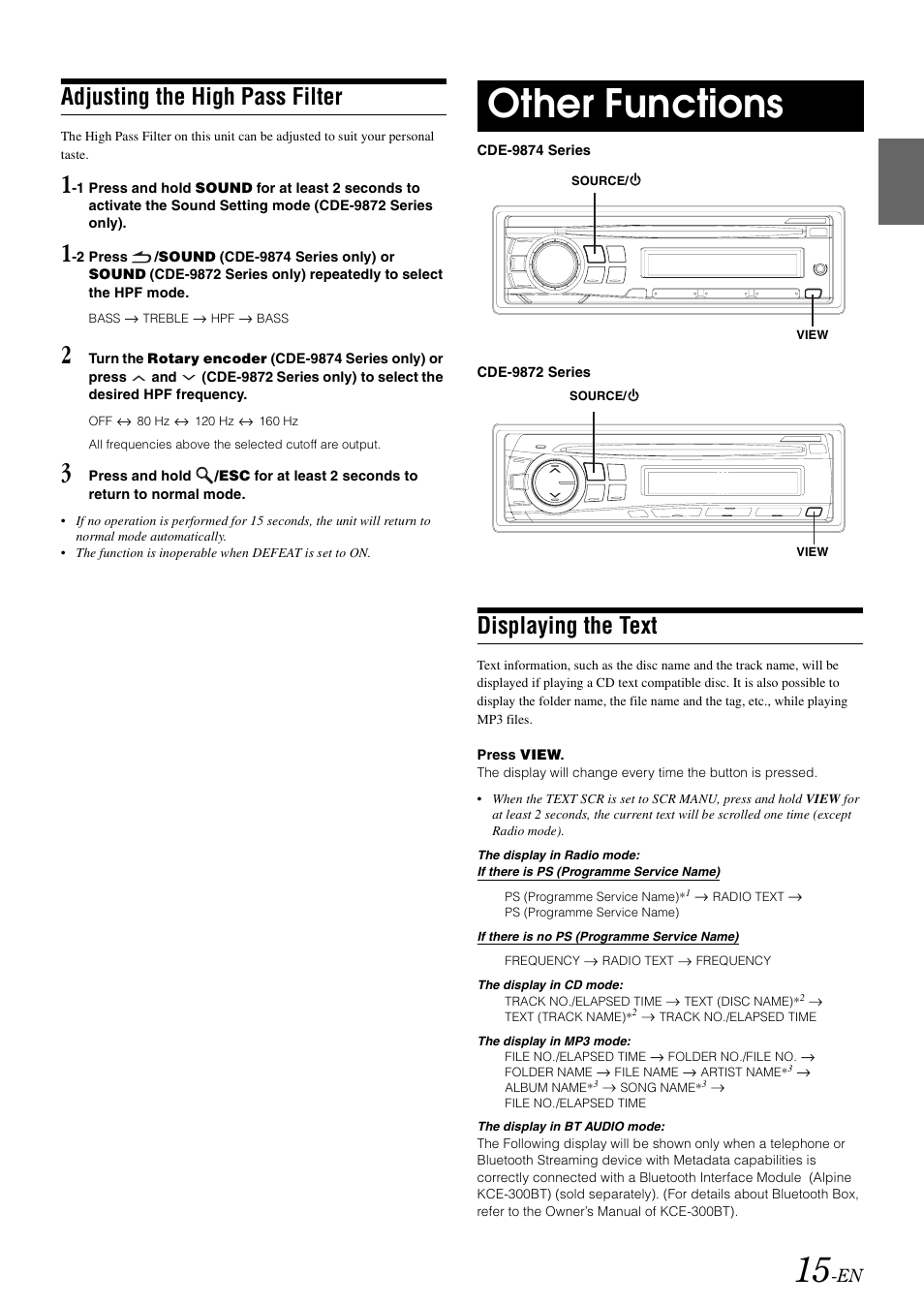 Adjusting the high pass filter, Other functions, Displaying the text | Alpine CDE-9872RE User Manual | Page 17 / 31