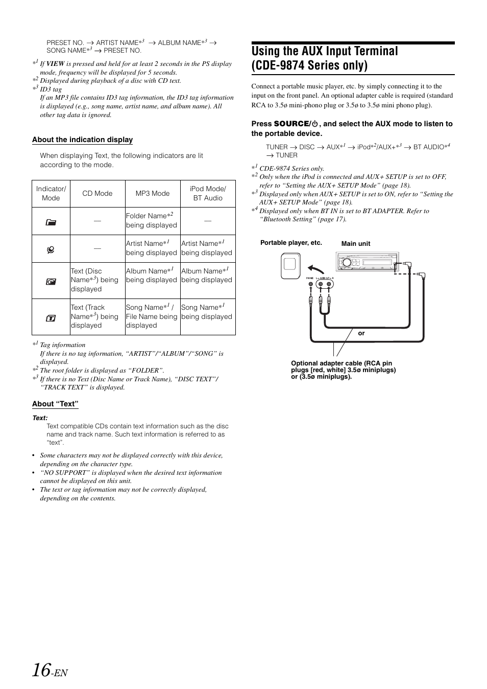 Using the aux input terminal, Cde-9874 series only) | Alpine CDE-9872RE User Manual | Page 18 / 31