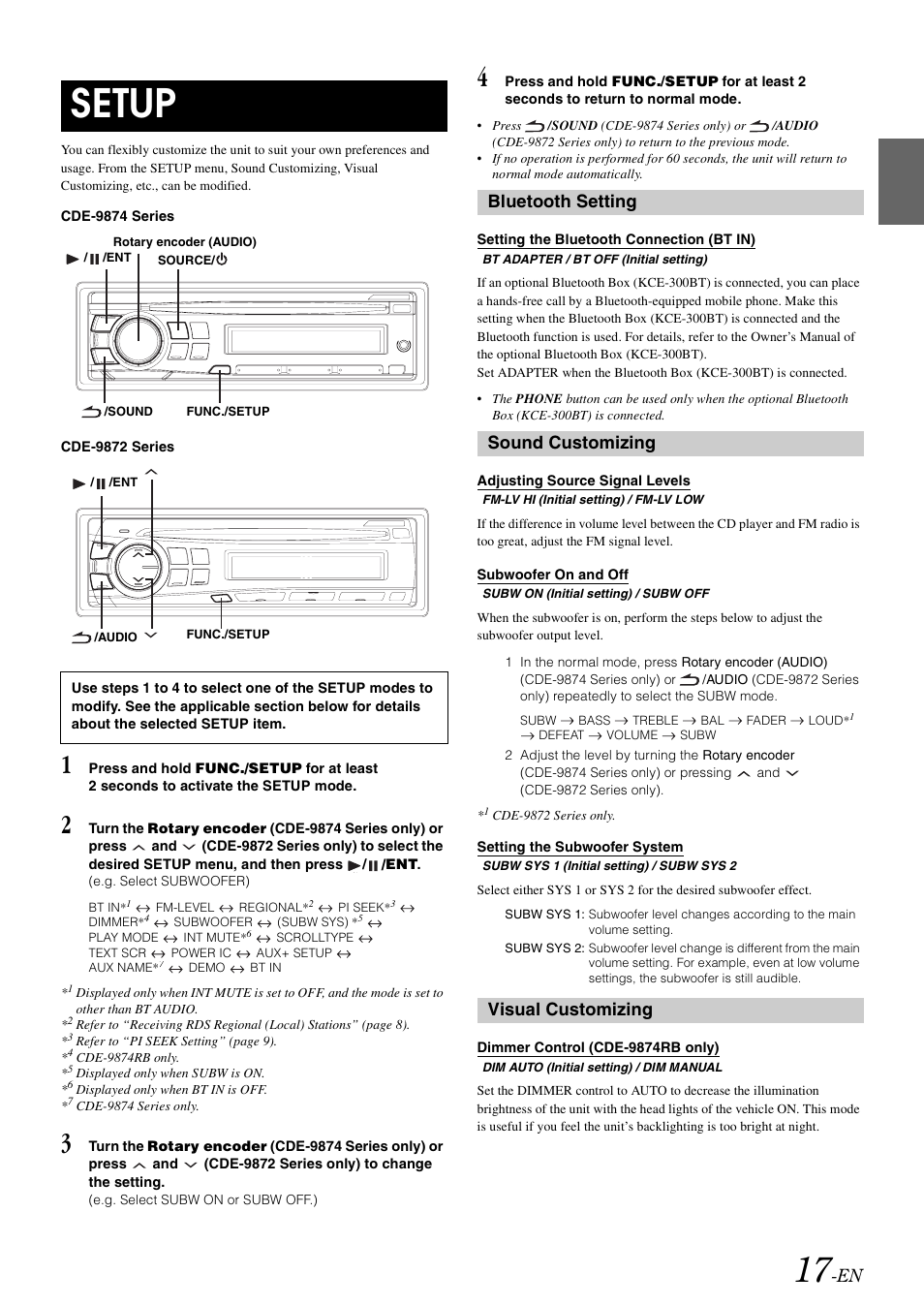 Setup, Bluetooth setting, Setting the bluetooth connection (bt in) | Sound customizing, Adjusting source signal levels, Subwoofer on and off, Setting the subwoofer system, Visual customizing, Dimmer control (cde-9874rb only) | Alpine CDE-9872RE User Manual | Page 19 / 31