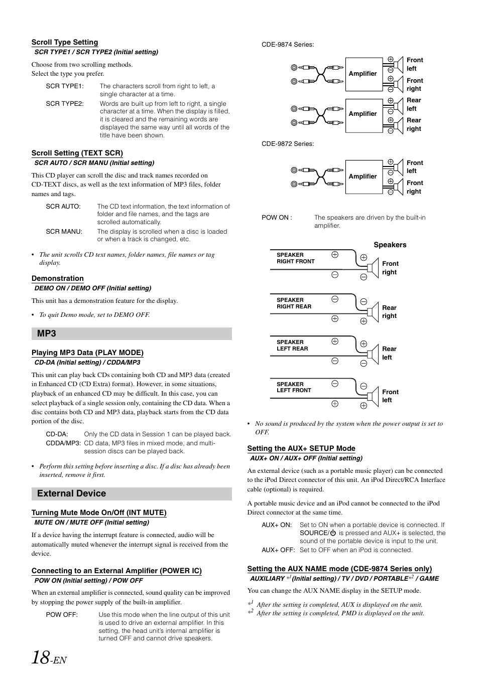 Scroll type setting, Scroll setting (text scr), Demonstration | Playing mp3 data (play mode), External device, Turning mute mode on/off (int mute), Connecting to an external amplifier (power ic), Setting the aux+ setup mode, Setting the aux name mode (cde-9874 series only), Power ic) | Alpine CDE-9872RE User Manual | Page 20 / 31
