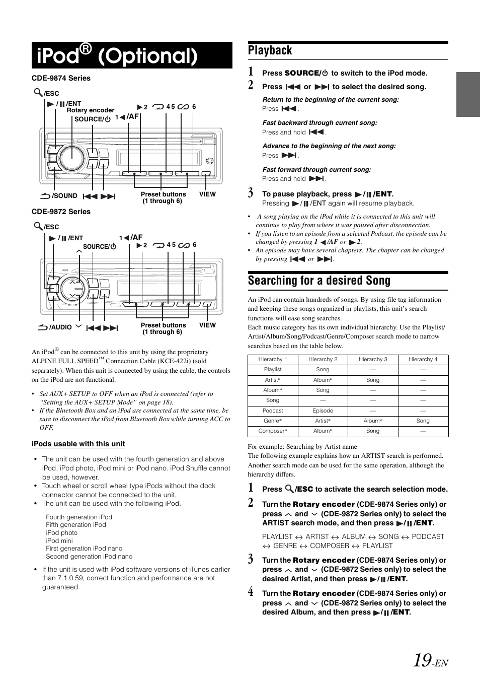 Ipod® (optional), Playback, Searching for a desired song | Ipod, Optional) | Alpine CDE-9872RE User Manual | Page 21 / 31