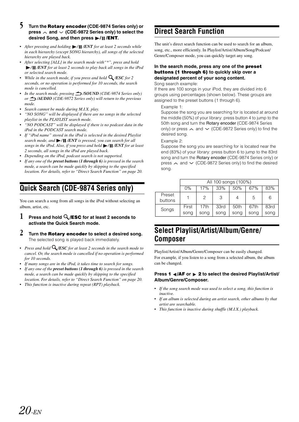Quick search (cde-9874 series only), Direct search function, Select playlist/artist/album/genre/ composer | Select playlist/artist/album/genre, Composer | Alpine CDE-9872RE User Manual | Page 22 / 31