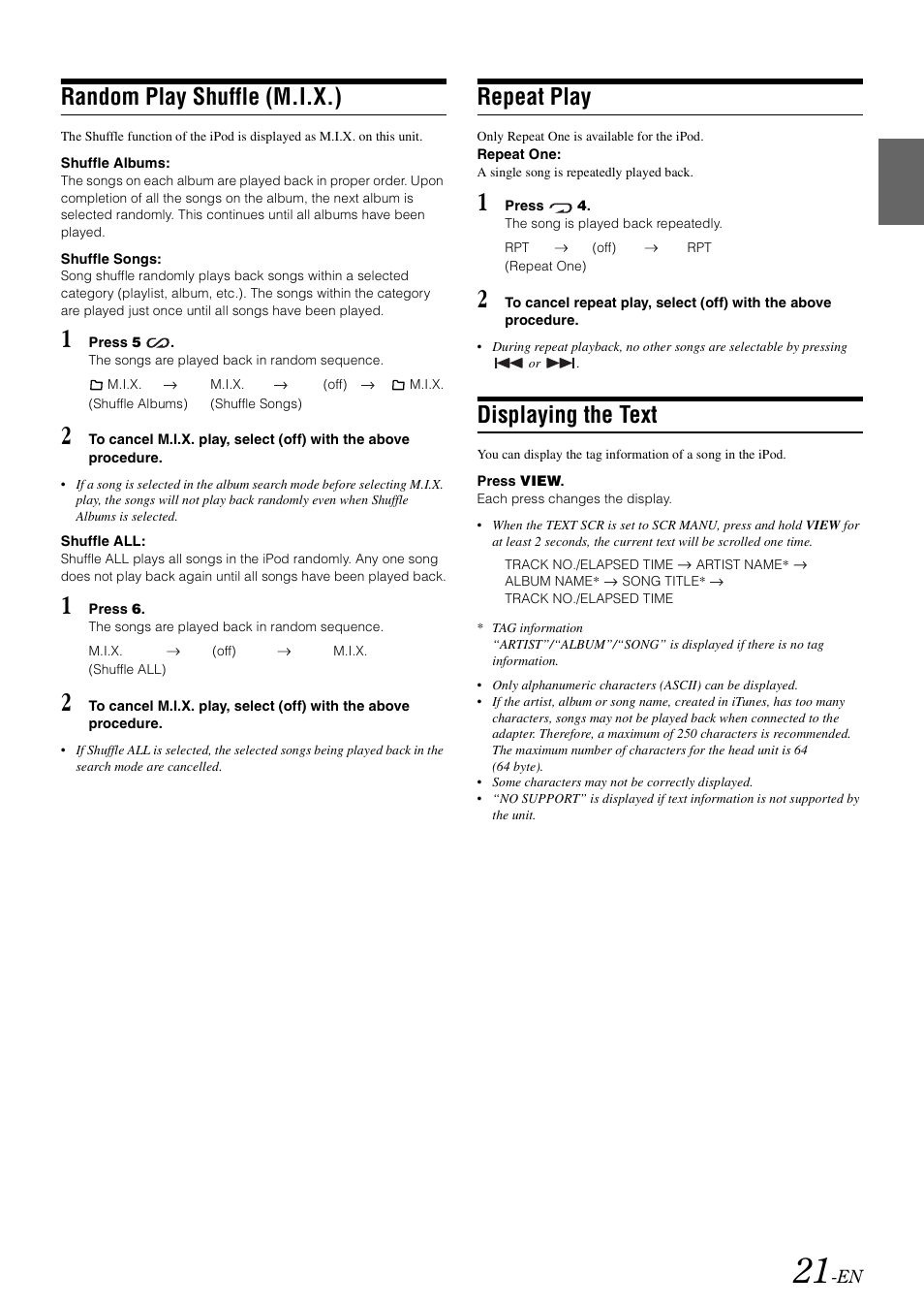 Random play shuffle (m.i.x.), Repeat play, Displaying the text | Alpine CDE-9872RE User Manual | Page 23 / 31