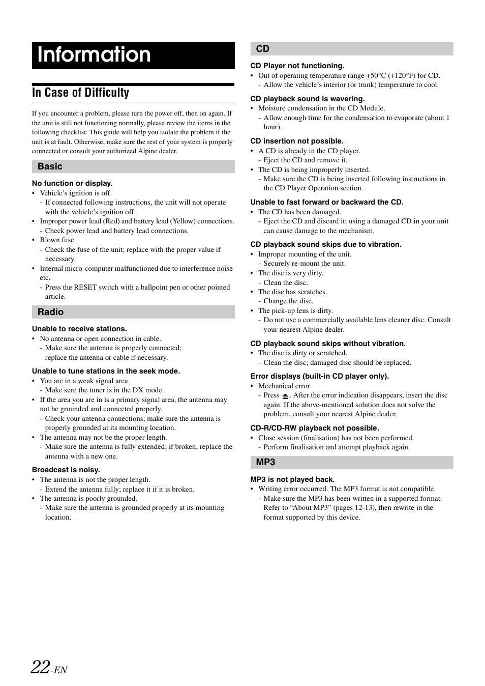 Information, In case of difficulty | Alpine CDE-9872RE User Manual | Page 24 / 31