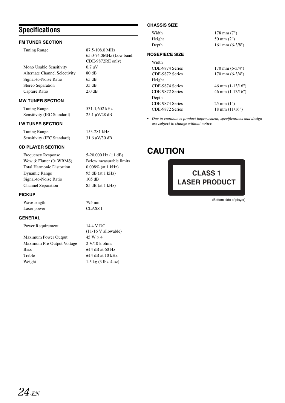 Specifications, Caution, Class 1 laser product | Alpine CDE-9872RE User Manual | Page 26 / 31