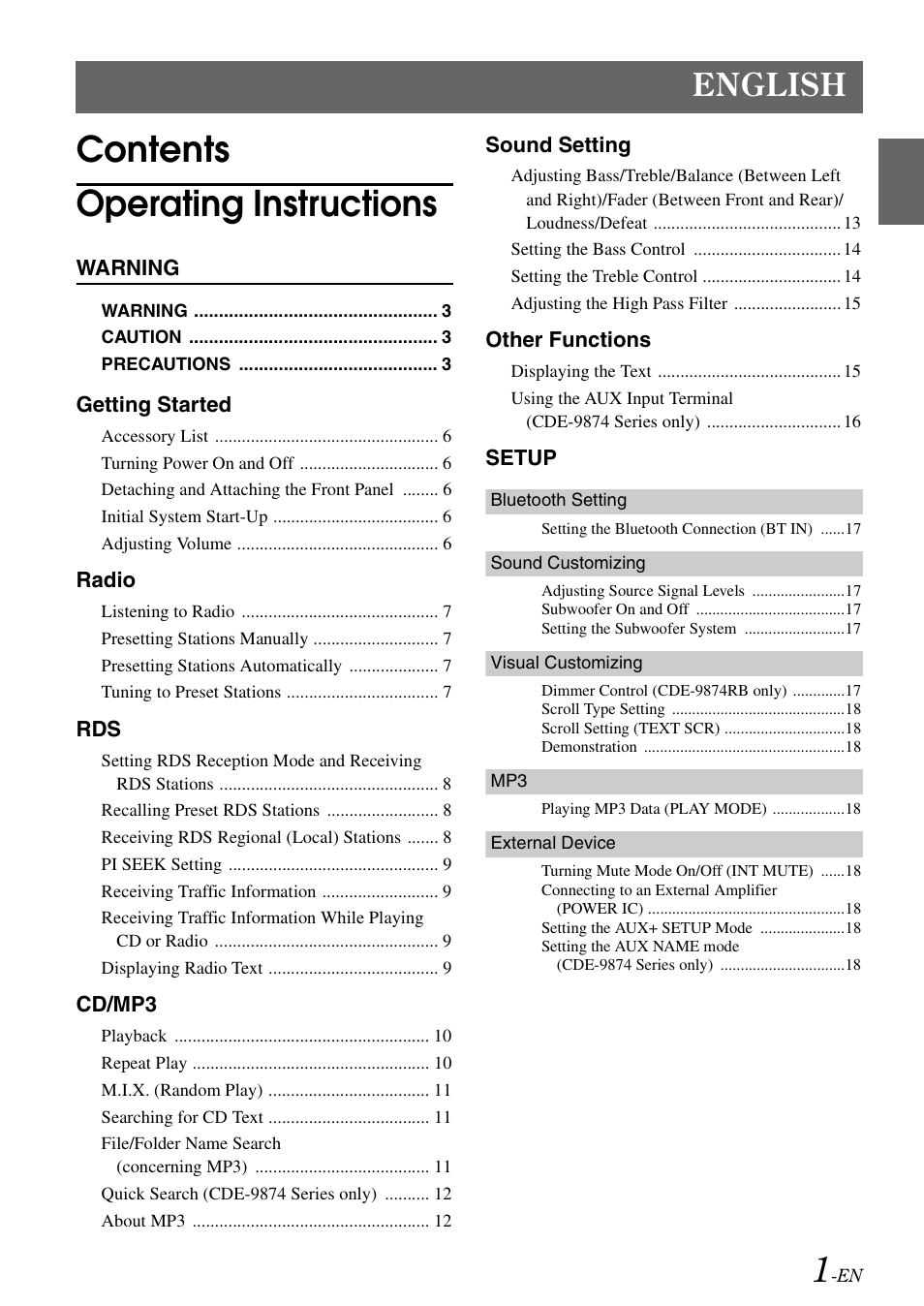 Contents operating instructions, English | Alpine CDE-9872RE User Manual | Page 3 / 31