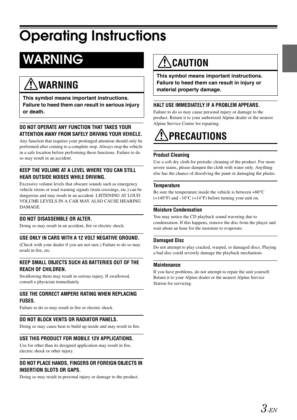 Operating instructions, Warning, Caution | Precautions | Alpine CDE-9872RE User Manual | Page 5 / 31