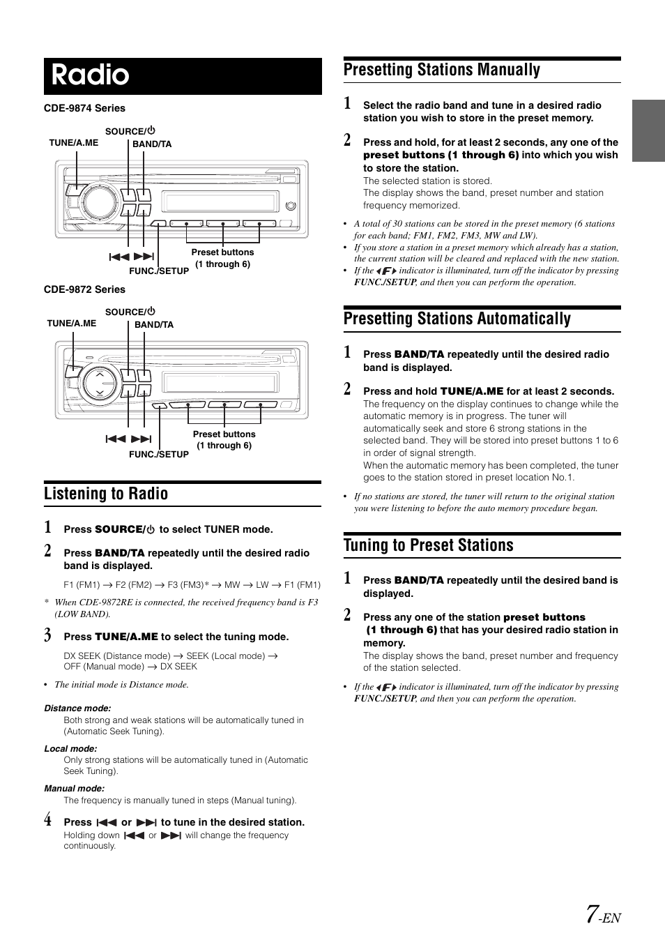 Radio, Listening to radio, Presetting stations manually | Presetting stations automatically, Tuning to preset stations | Alpine CDE-9872RE User Manual | Page 9 / 31