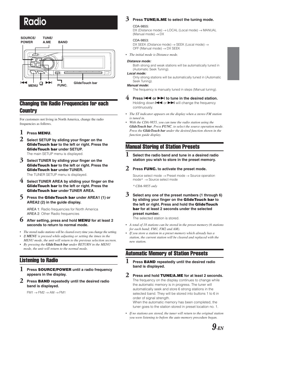 Radio operation, Changing tuning step for other countries, Band | Select tuning mode, Storing presets - manual / auto, Radio, Changing the radio frequencies for each country, Listening to radio, Manual storing of station presets | Alpine CDA-9853 User Manual | Page 10 / 55