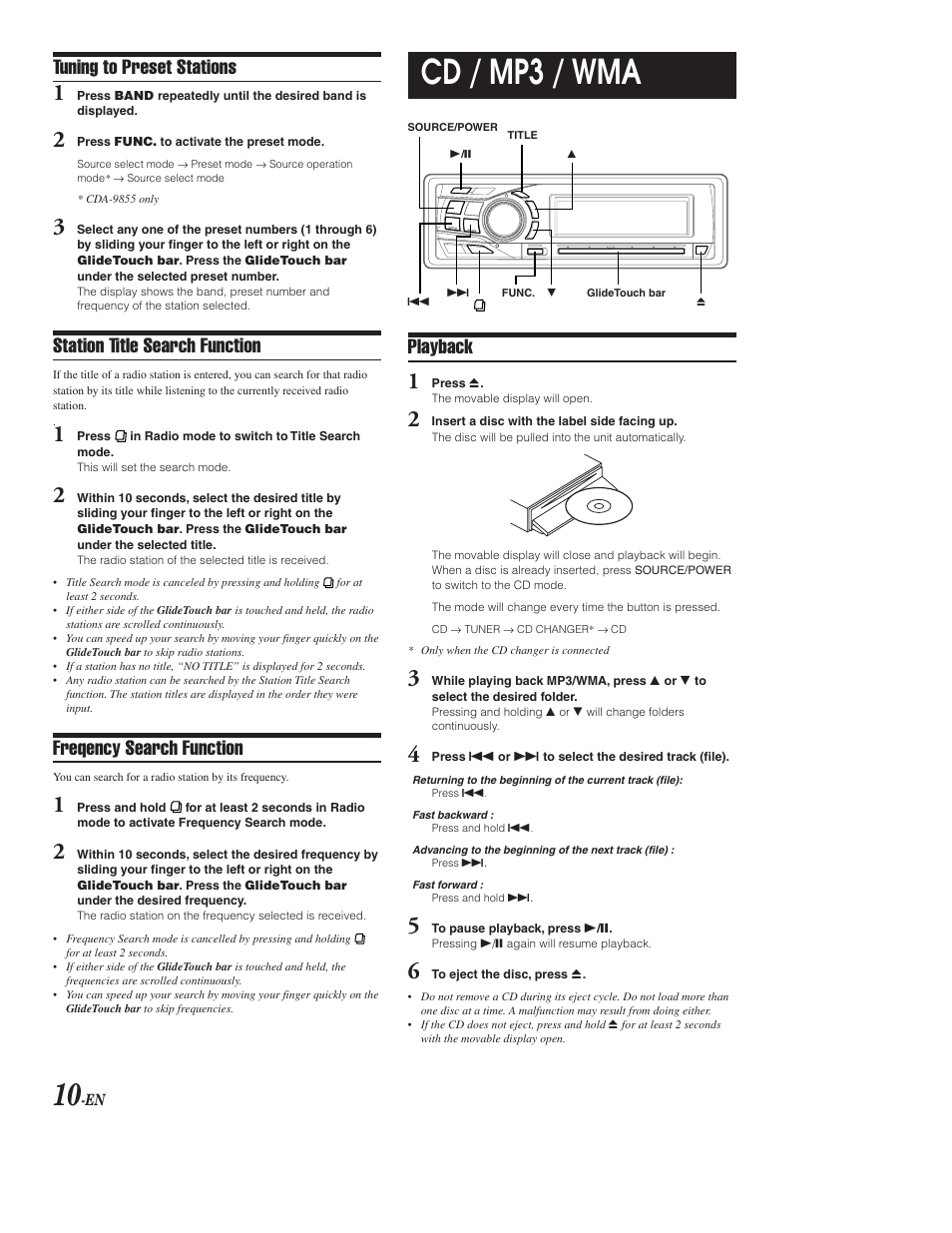 Recalling presets, Station title search, Frequency search | Cd / mp3 / wma operation, Loading a disc, Folder / track select, Fast forward / reverse, Pause, Eject, Cd / mp3 / wma | Alpine CDA-9853 User Manual | Page 11 / 55