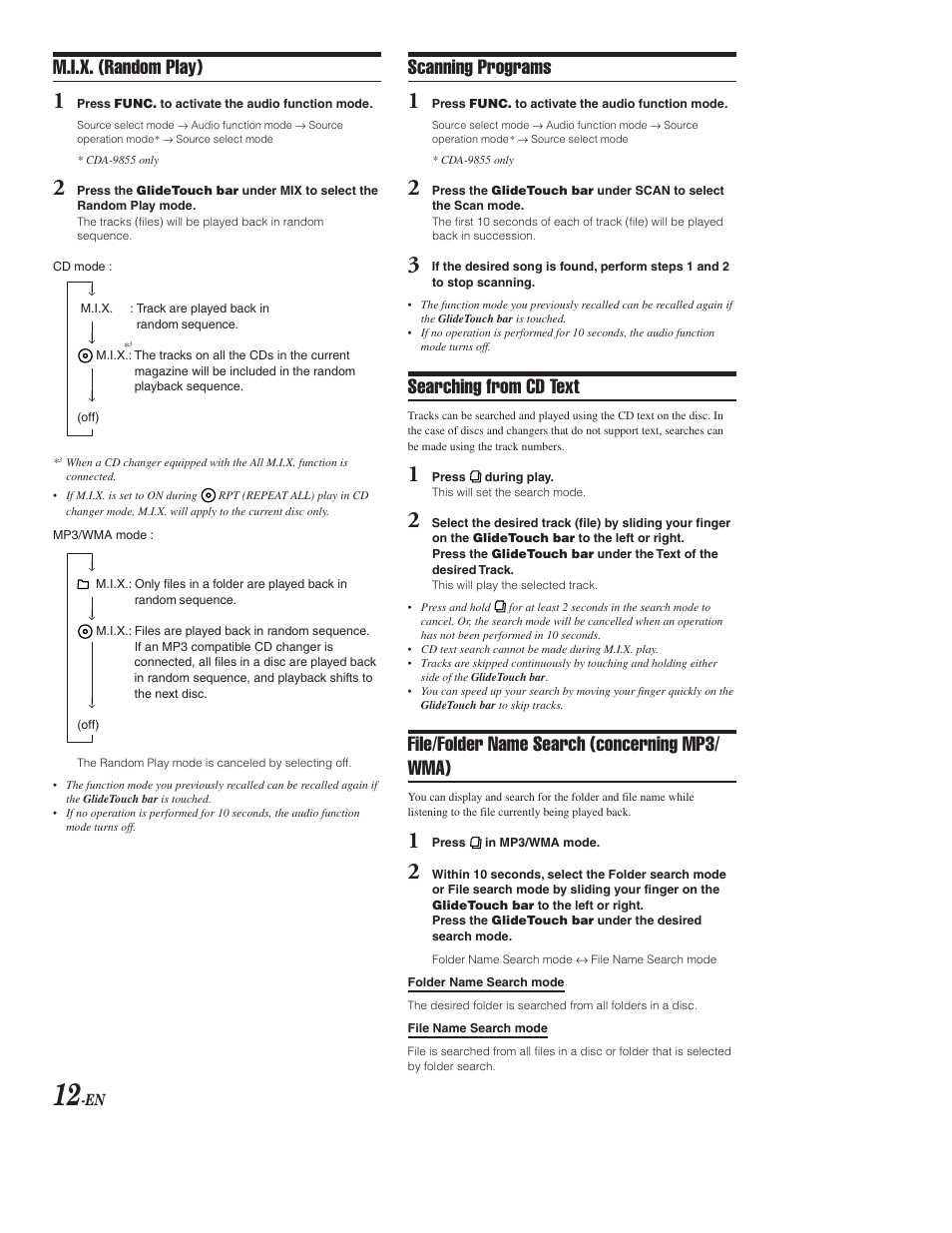 Random, Scan, Searching cd text | File / folder name search, M.i.x. (random play), Scanning programs, Searching from cd text, File/folder name search (concerning mp3/ wma) | Alpine CDA-9853 User Manual | Page 13 / 55