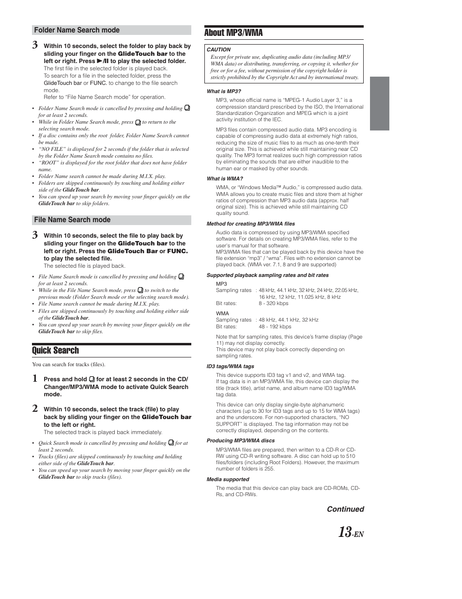 Additional mp3 / wma format info, Quick search, Mp3 / wma format info | About mp3/wma | Alpine CDA-9853 User Manual | Page 14 / 55