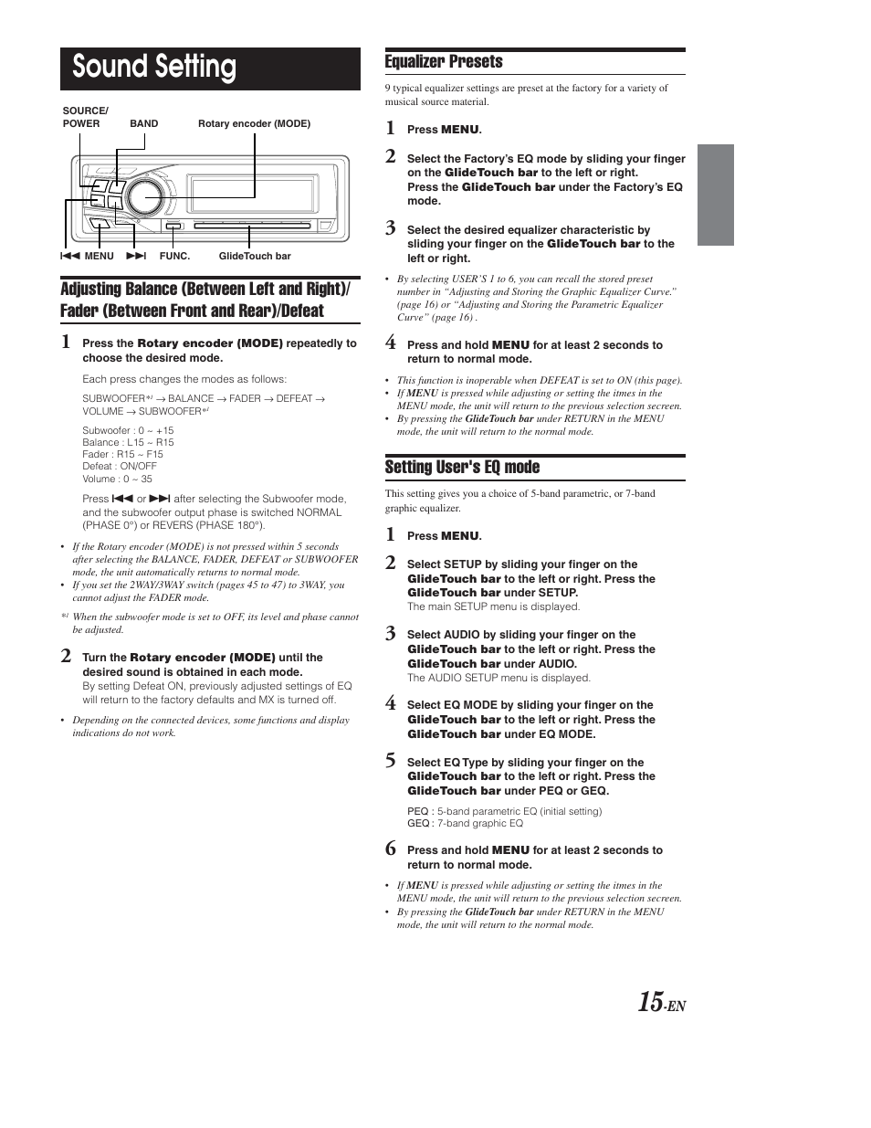 Sound settings, Balance / fader, Fader operational note | Eq presets, Selecting 5-band parametric / 7-band graphic eq, Sound setting, Equalizer presets, Setting user's eq mode | Alpine CDA-9853 User Manual | Page 16 / 55