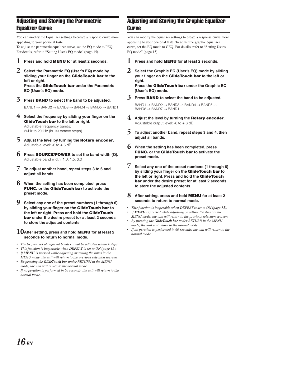 Adjusting & storing the parametric eq curve, Adjusting & storing the graphic eq curve, Adjusting and storing the graphic equalizer curve | Alpine CDA-9853 User Manual | Page 17 / 55