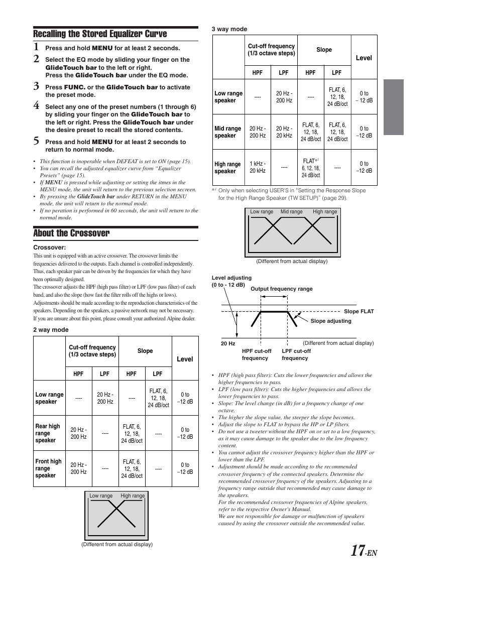 Recalling the stored eq curve, About the crossover, Recalling the stored equalizer curve | Alpine CDA-9853 User Manual | Page 18 / 55