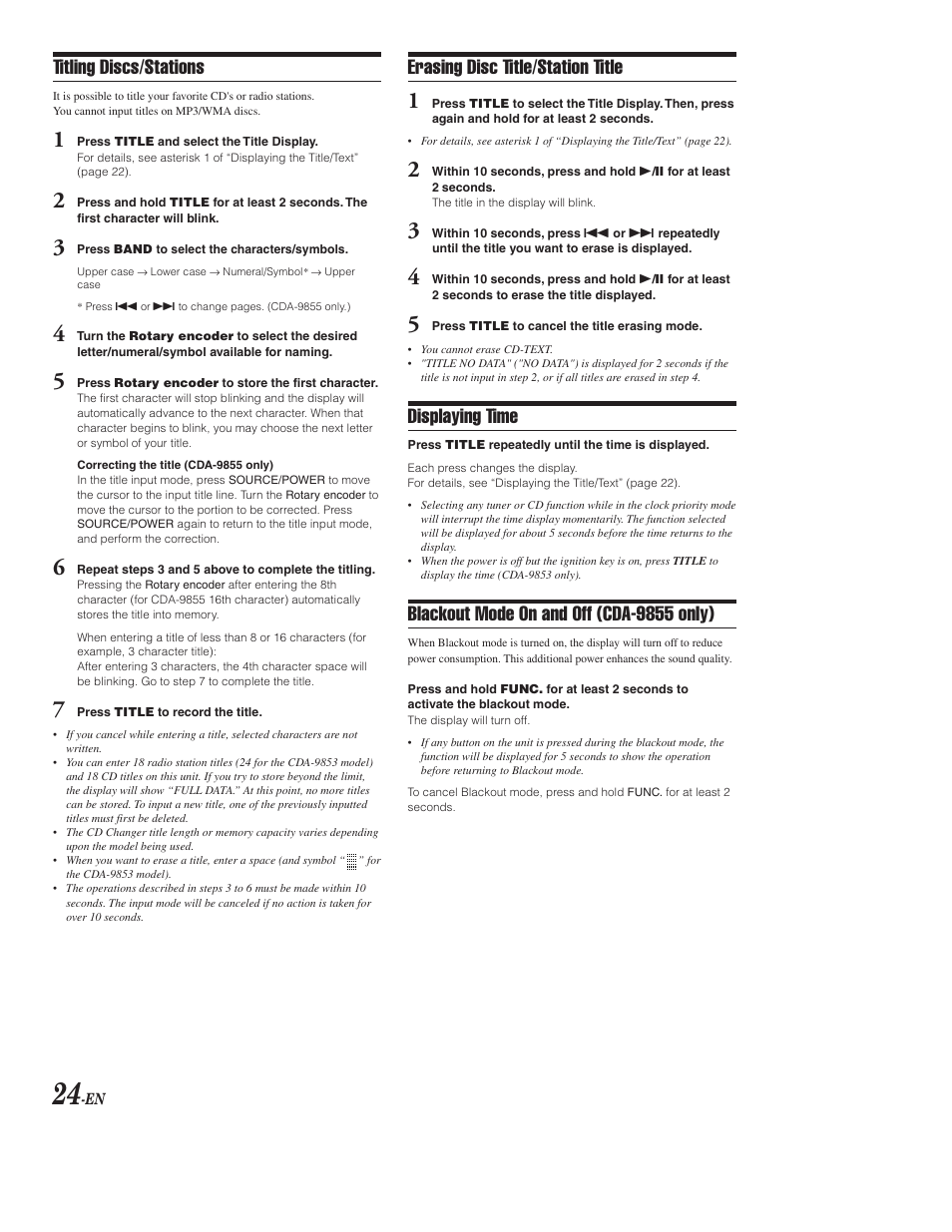 Titling discs / stations, Erasing titles, Displaying time | Blackout mode - display off (cda-9855), Titling discs/stations, Erasing disc title/station title, Blackout mode on and off (cda-9855 only) | Alpine CDA-9853 User Manual | Page 25 / 55