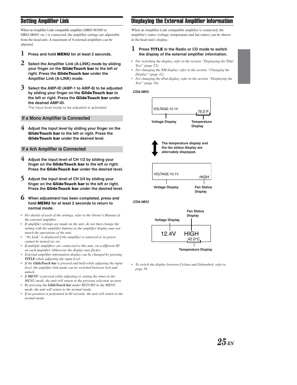 Amplifier link settings, Setting amplifier link, Displaying the external amplifier information | 4v high | Alpine CDA-9853 User Manual | Page 26 / 55
