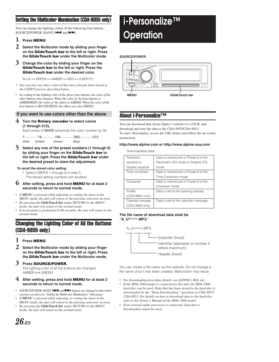 Button illumination color options (cda-9855), I-personalize operation, About i-personalize | I-personalize™ operation | Alpine CDA-9853 User Manual | Page 27 / 55