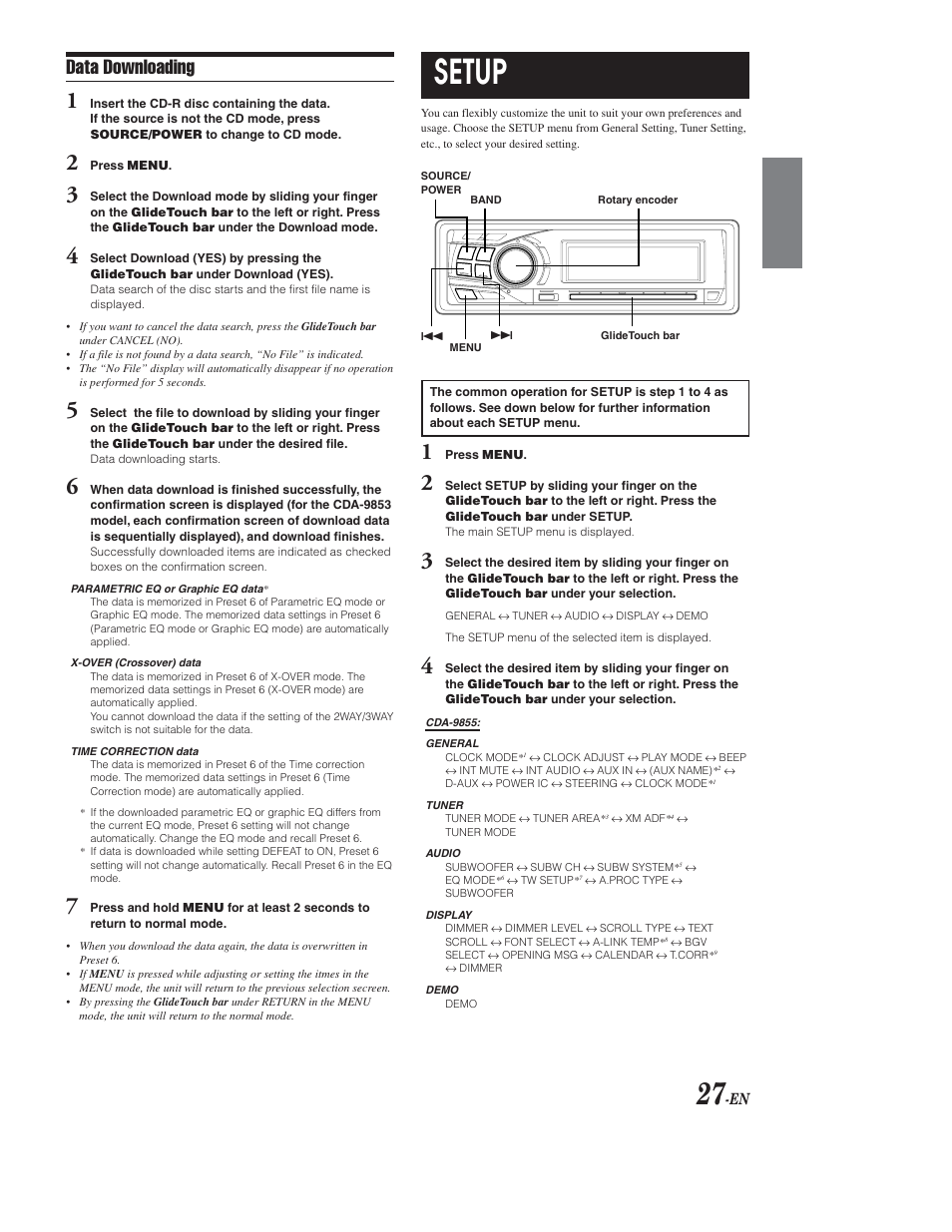 Data downloading, Setup menu, Navigating the menus | Cda-9855 menu options, Setup | Alpine CDA-9853 User Manual | Page 28 / 55