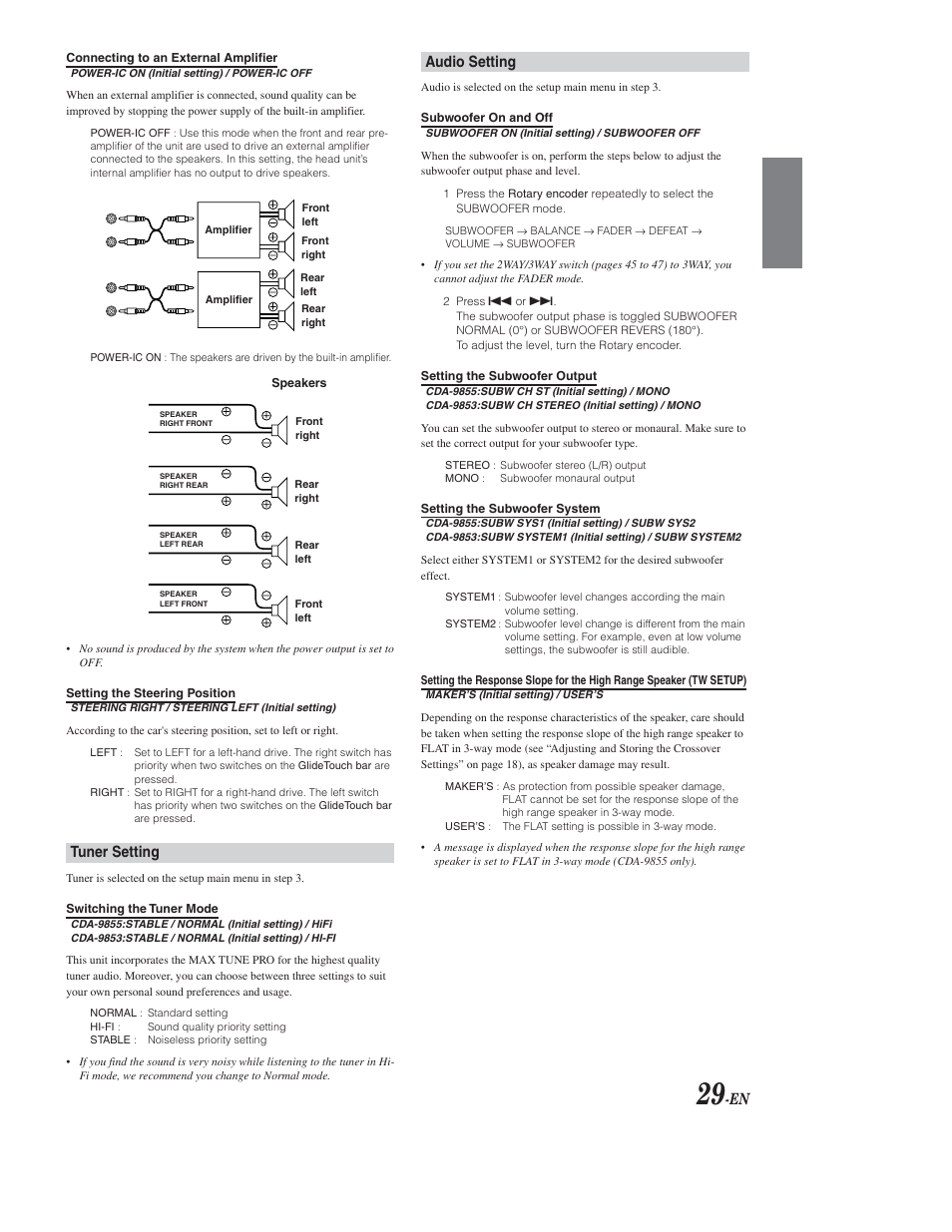 Tuner, Audio, Tuner setting | Audio setting | Alpine CDA-9853 User Manual | Page 30 / 55