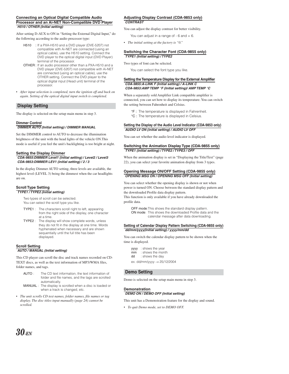 Display, Demo, Display setting | Demo setting | Alpine CDA-9853 User Manual | Page 31 / 55