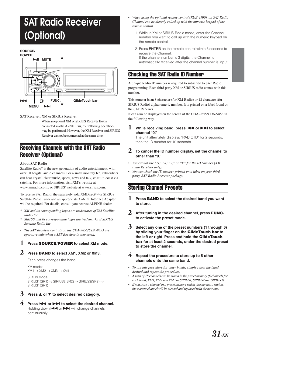 Satellite receiver control (optional), Sat radio receiver (optional), Checking the sat radio id number | Storing channel presets | Alpine CDA-9853 User Manual | Page 32 / 55