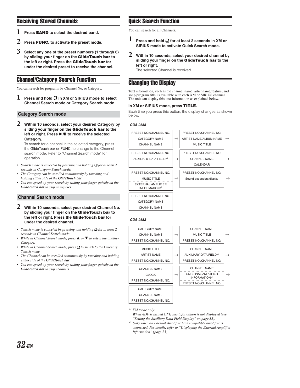 Receiving stored channels, Channel/category search function, Quick search function | Changing the display | Alpine CDA-9853 User Manual | Page 33 / 55