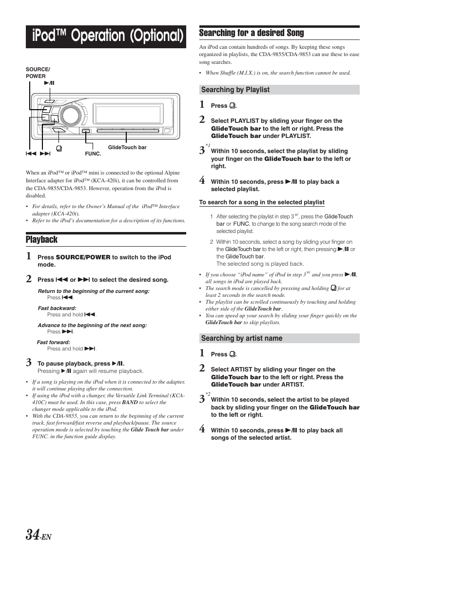 Ipod control (optional), Ipod™ operation (optional), Playback | Searching for a desired song | Alpine CDA-9853 User Manual | Page 35 / 55