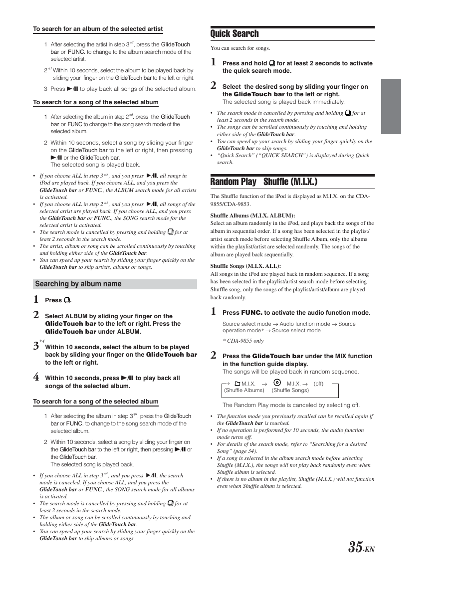 Quick search, Random play shuffle (m.i.x.) | Alpine CDA-9853 User Manual | Page 36 / 55