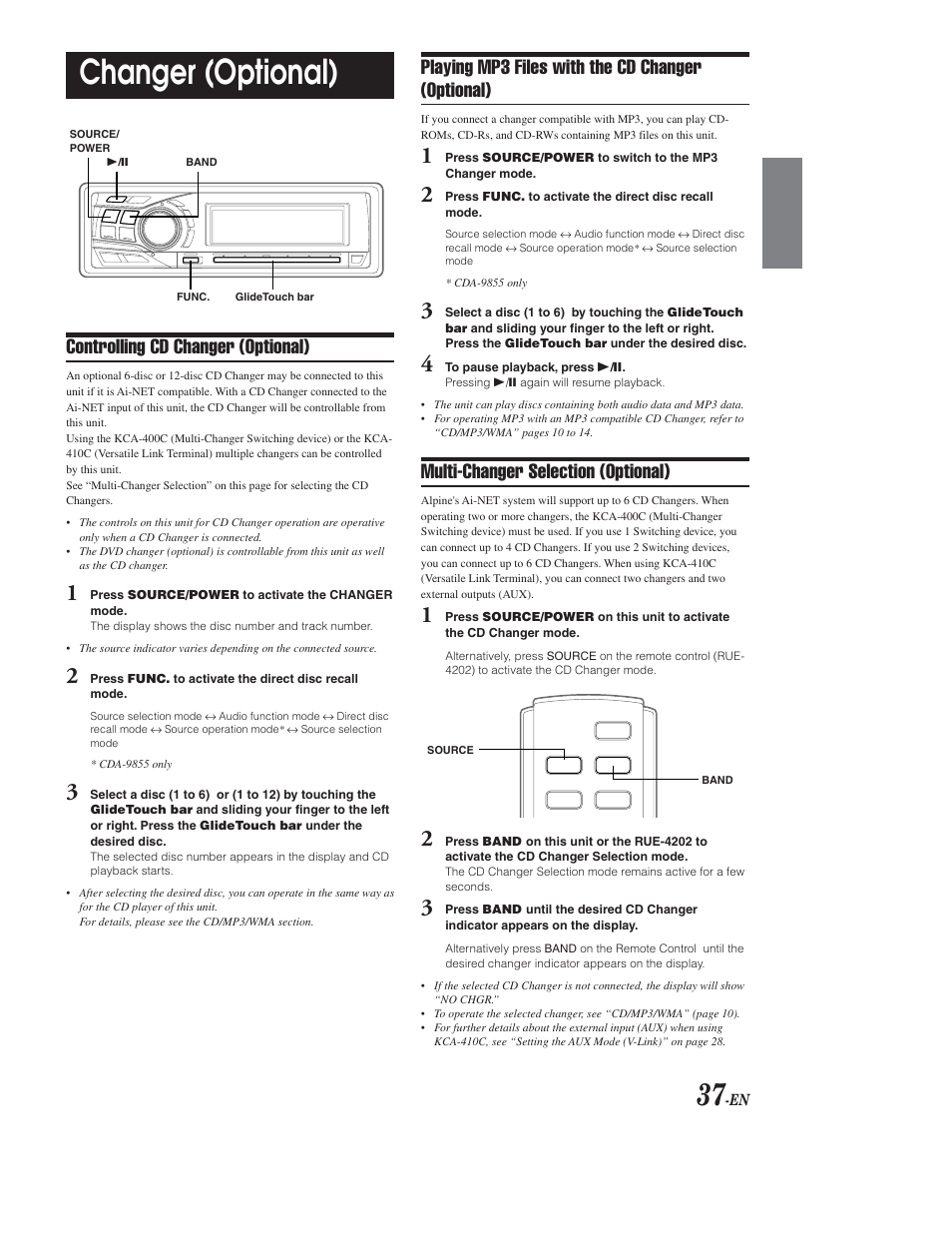 Changer control (optional), Changer (optional), Controlling cd changer (optional) | Playing mp3 files with the cd changer (optional), Multi-changer selection (optional) | Alpine CDA-9853 User Manual | Page 38 / 55