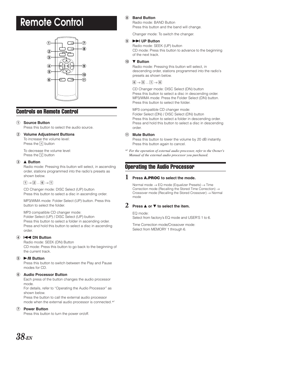 Supplied remote control, Remote control, Controls on remote control | Operating the audio processor | Alpine CDA-9853 User Manual | Page 39 / 55
