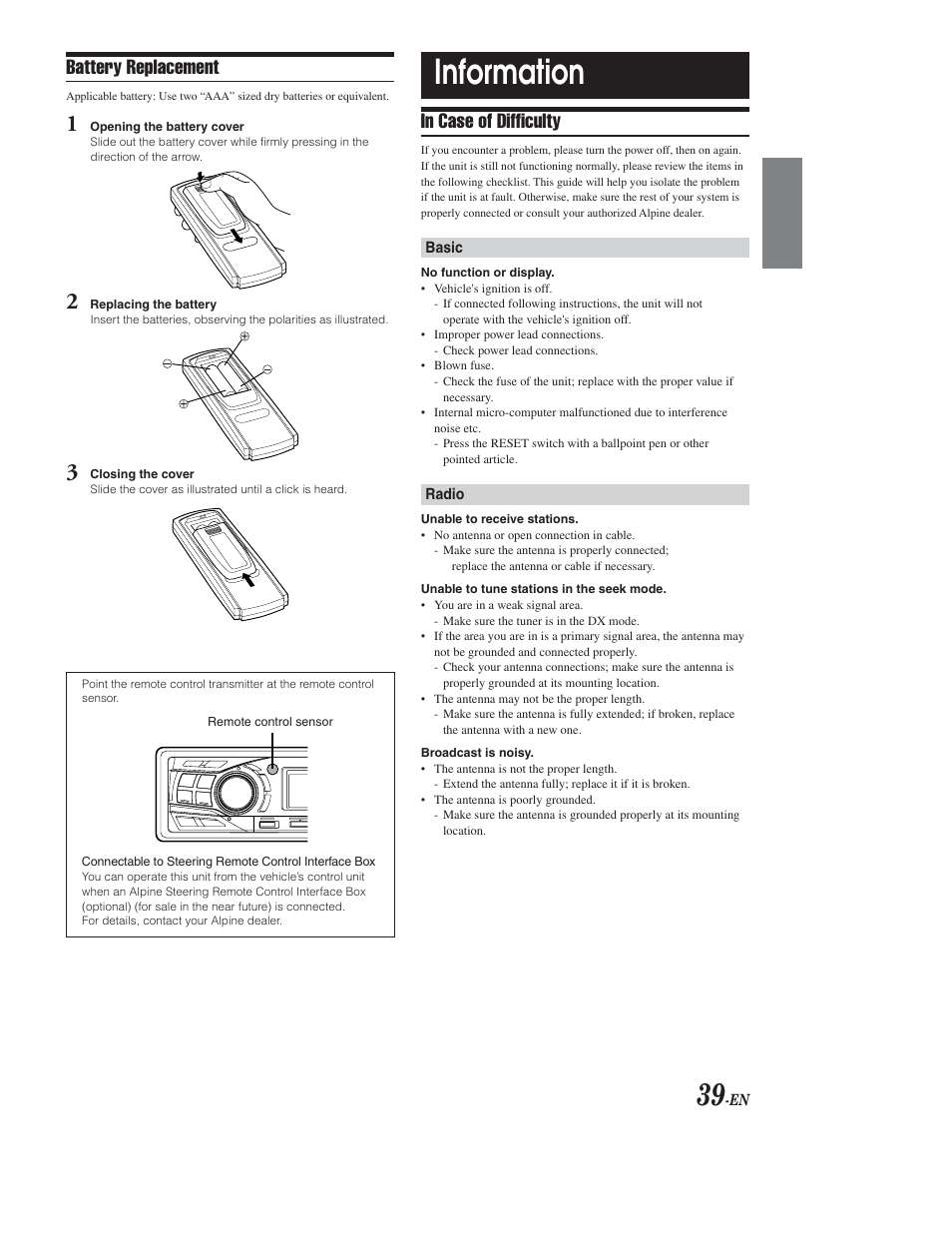 Troubleshooting, Information, Battery replacement | Alpine CDA-9853 User Manual | Page 40 / 55